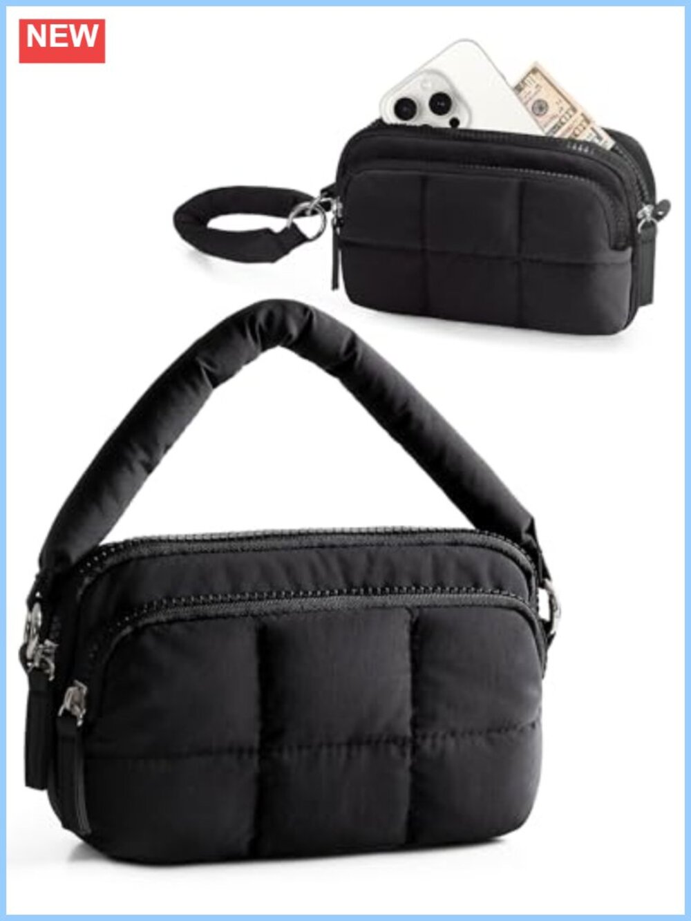 Puffy Wristlet Wallet Small Nylon Zipper Wristlet Purse with Card Slots